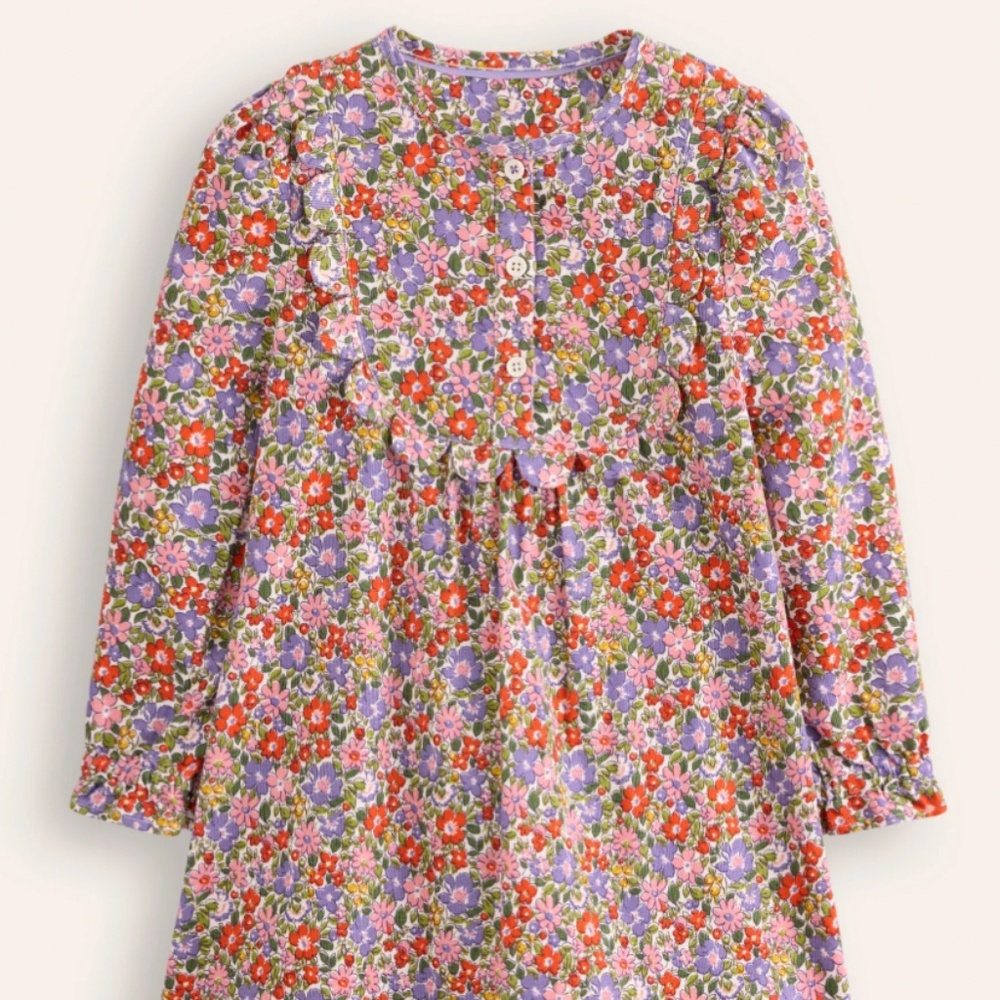 Mini Boden - Pink & Purple "Norah Flowerbed" Scallop Corduroy Dress, Size 6-7